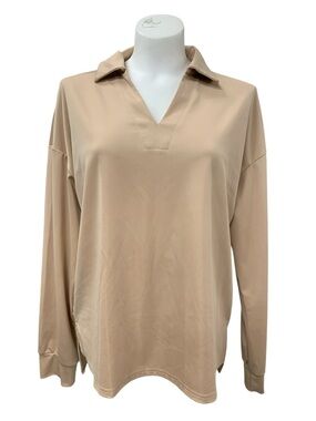 Relaxed Polo-Style Tunic Sweatshirt in Beige Size L